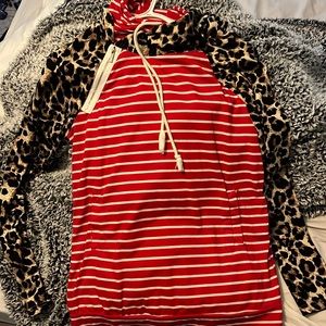 Cheetah-red and white striped crew neck sweater
